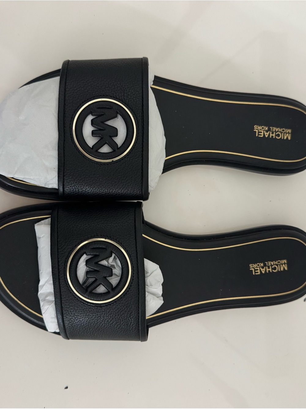 Michael Kors Black Slide Sandals with Gold Logo Accent